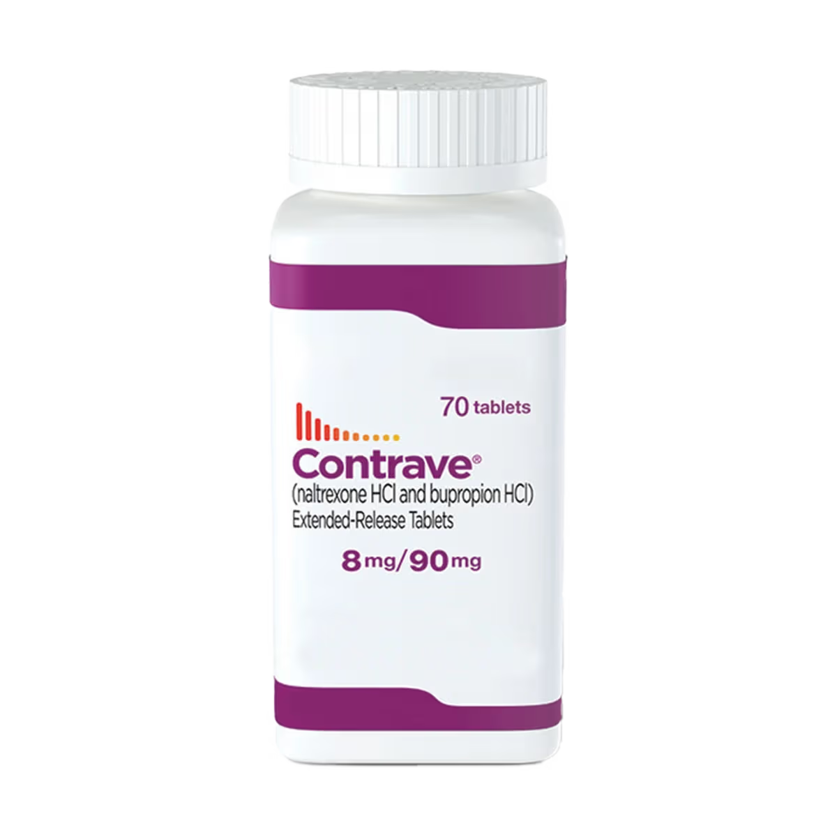 Contrave 8 mg / 90 mg extended-release tablet bottle, naltrexone hydrochloride and bupropion hydrochloride by Currax Pharmaceuticals