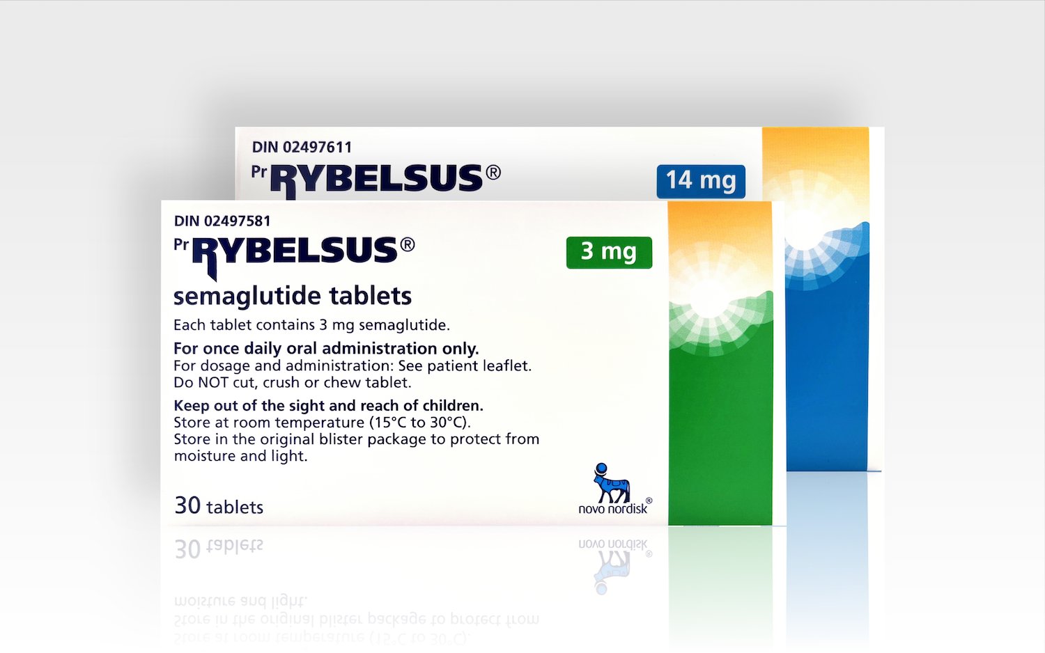 Rybelsus 3 mg and 14 mg tablet boxes, Canadian DIN 02497581 and 02497611, oral semaglutide by Novo Nordisk